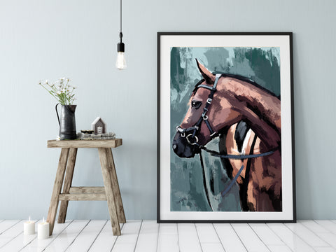 Horse Art print, Canvas, Teal and brown 002