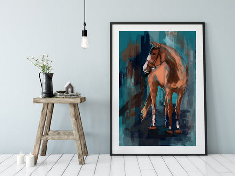 Horse Art print, Canvas, Teal and brown 001