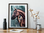 Horse Art print, Canvas, Teal and brown 002